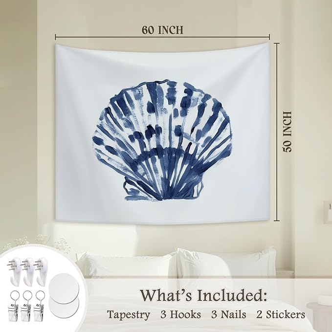 STHTTSW Coastal Tapestry, Coastal Room Decor Tapestries Wall Blanket, Blue Beachy Scallop Shell Seashell Wall Hanging Decor for Dorm Bedroom 50x60 Inch