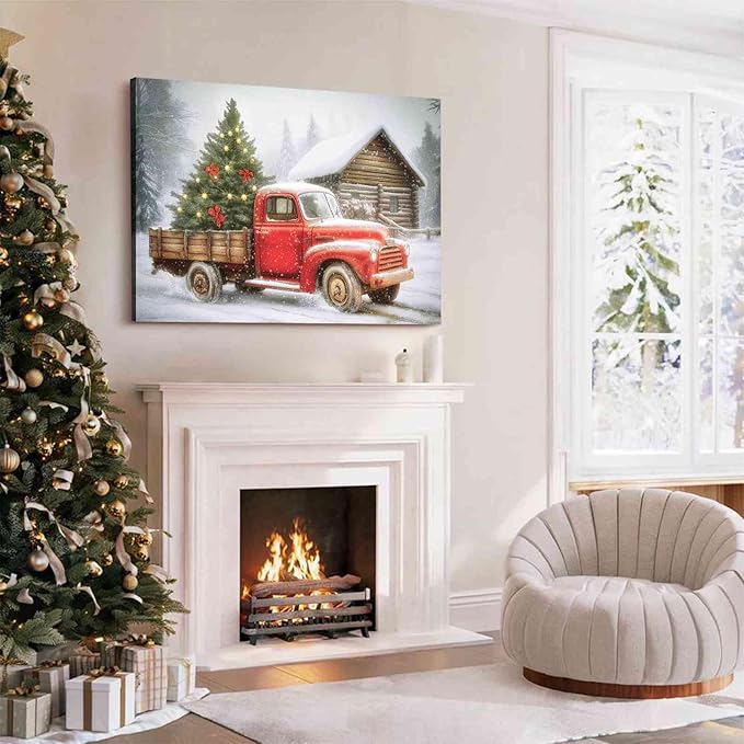 Red Truck Christmas Tree Vintage Holiday Wall Art Winter Snow Scene Poster Nostalgic Truck Canvas Print Indoor Decor for Home Living Room Bedroom Office Dining Room Farmhouse Christmas Holiday