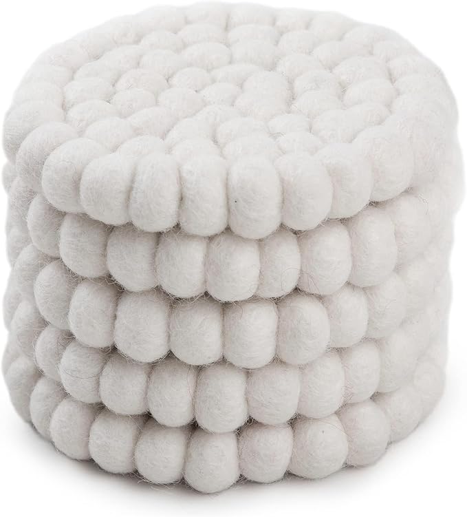 Round Felt Ball Coasters - 100% Merino Wool Table Coasters - Felt Coaster Pads, Absorbent Trivet for Drinks - Heat Resistant, Thick & Durable Hand Felted in Nepal by Woolygon- Multicolor - Set of 5