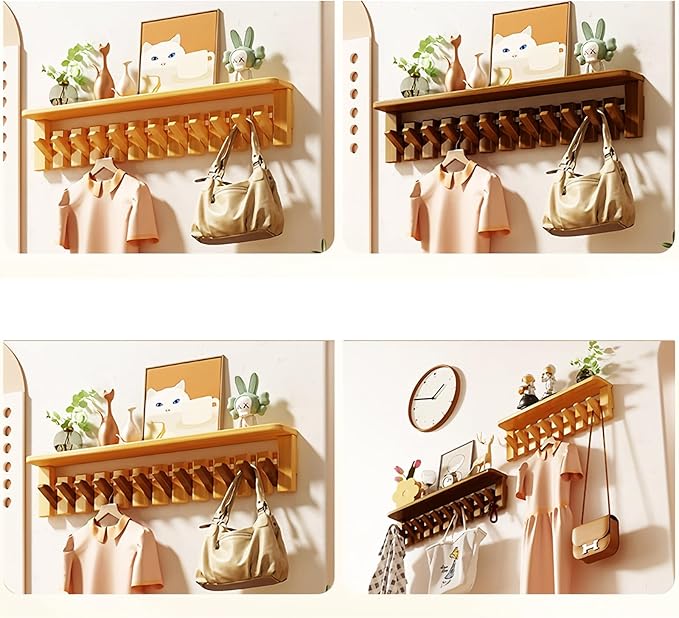 Wall Mounted Coat RackHooks Piano Key Hangers Natural Solid Wood Hanger Non-Woven Fabric Clothes Hangers for Closet, Kitchen, Bedroom, Bathroom, Entryway (Tray-Beech, 10 Hooks)