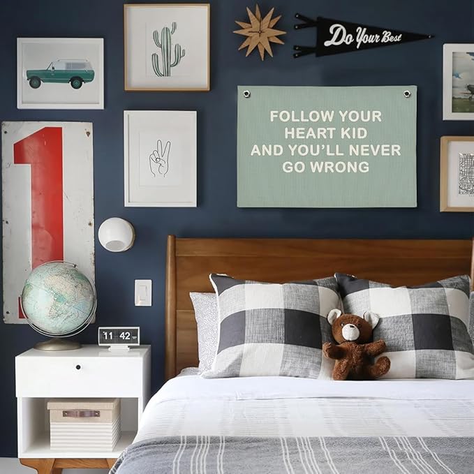Boy Nursery Decor, Inspirational Wall Decor Hanging Linen Banner,Playroom Navy Blue Motivational Wall Flag for Kids Boys Room Playroom Nursery Wall Art, 20x30 Inch