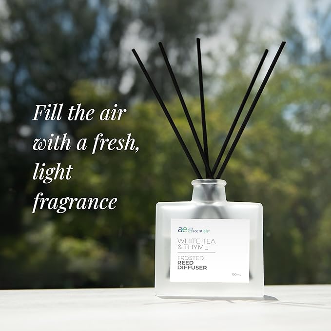 Air Esscentials Frosted White Tea & Thyme Reed Diffuser Set - Decorative Fragrance Diffuser & Oil for Bathroom & Home | Long-Lasting Aroma | Natural Scent Sticks | Essential Oils & Botanicals| 100mL