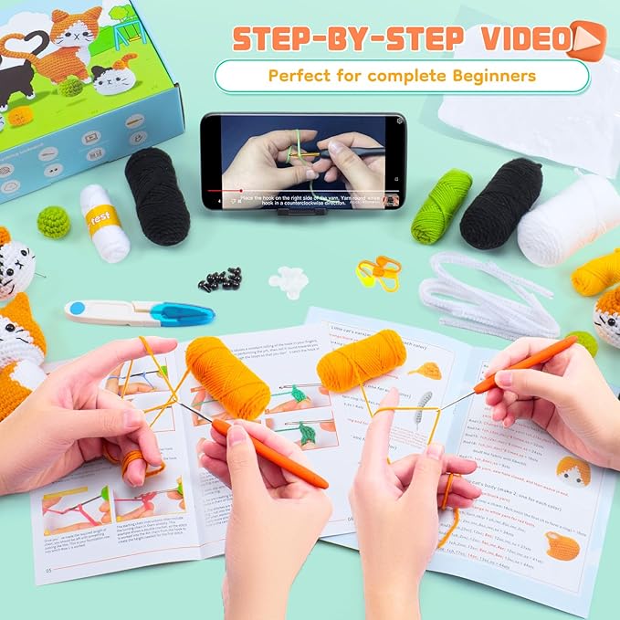 Auspicious beginning Cat Crochet Kit for Beginners-Crochet Kits 4PCS Cats Family Crochet Animals Kits with Step-by-Step Video Tutorials, Crochet Starter Kit Learn to Crochet Kits for Adults