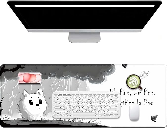 Cute Mouse Pads for Desk, Large Non-Slip Rubber Base Mousepad, Keyboard Mat Mouse Mat Desk Pad with Stitched Edges, It's Fine I'm Fine Extended Desk Protector for Home Office 31.5x11.8inch