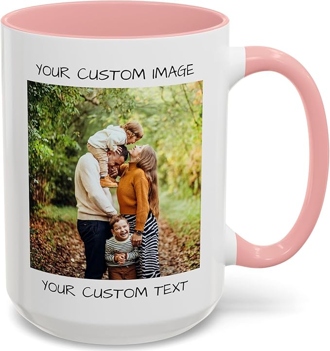 Personalized Coffee Mug – Custom Photo, Text, or Logo Ceramic Mug Tea Cup | Taza Personalizada with Picture or Message | Customized Gift Idea for Men & Women, Mom, Dad, Friends - White/Pink | 15oz