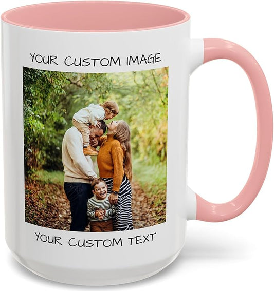 Personalized Coffee Mug – Custom Photo, Text, or Logo Ceramic Mug Tea Cup | Taza Personalizada with Picture or Message | Customized Gift Idea for Men & Women, Mom, Dad, Friends - White/Pink | 15oz