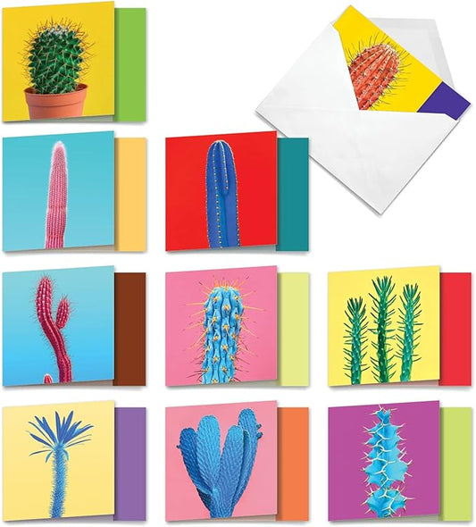 The Best Card Company - 10 Blank Note Cards with Envelopes (4 x 5.12 Inch) - Bulk All Occasion Cards Boxed - Colorful Cacti AMQ6139OCB-B1x10-NB