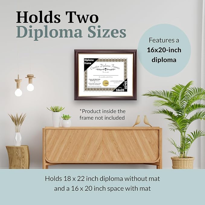 Creative Picture Frames 16x20 Mahogany Gold Rim Diploma Frame with White Mat Glass and Installed Wall Hangers | Frame Holds 18x22 Media without Mat