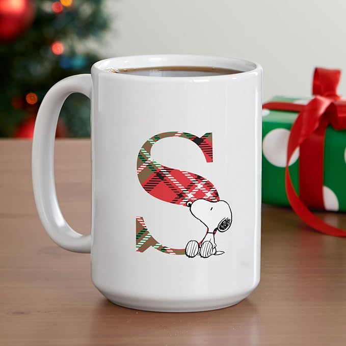 Let's Make Memories Personalized Mug - PEANUTS Character Collection - Christmas Holiday Stocking Stuffer - Microwave and Dishwasher Safe - Snoopy - Plaid Initial - 15 oz.