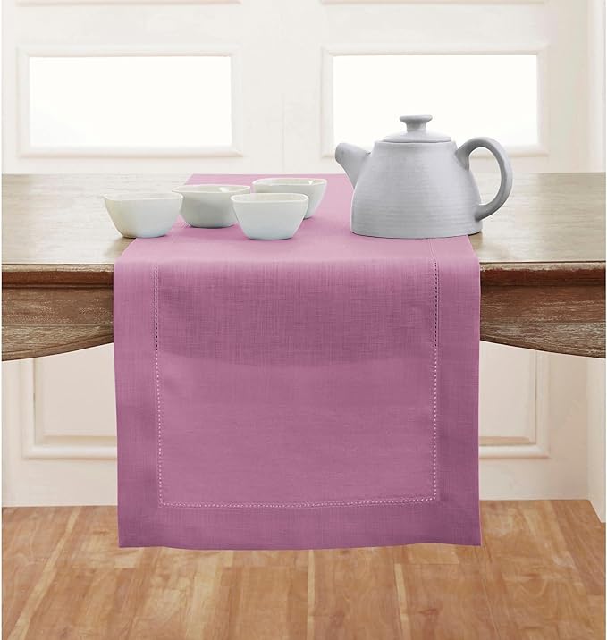Solino Home Linen Violet Table Runner 90 Inches Long - 100% Pure Linen Hemstitch 14 x 90 Inch Table Runner for Dining, Valentines, Spring, Easter - Classic Hemstitch