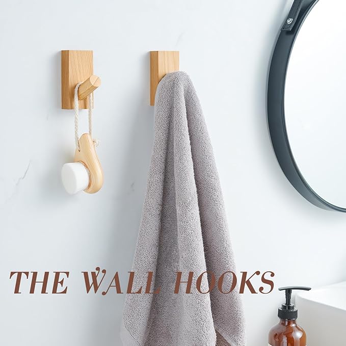 Natural Wooden Wall Hooks, Adhesive & Screw Mount Coat and Towel Hooks - Decorative Key Holder, Hat Rack, Stocking Wall Hangers for Bathroom Entryway Closet - 6 Pack, Beech Wood