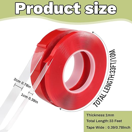 Acrylic Double Sided Tape Heavy Duty Mounting Tape 0.4"/1“ x 33 FT Resistente Clear Super Stick Tape with Acrylic High Tack Strong Adhesive for Outdoor Indoor