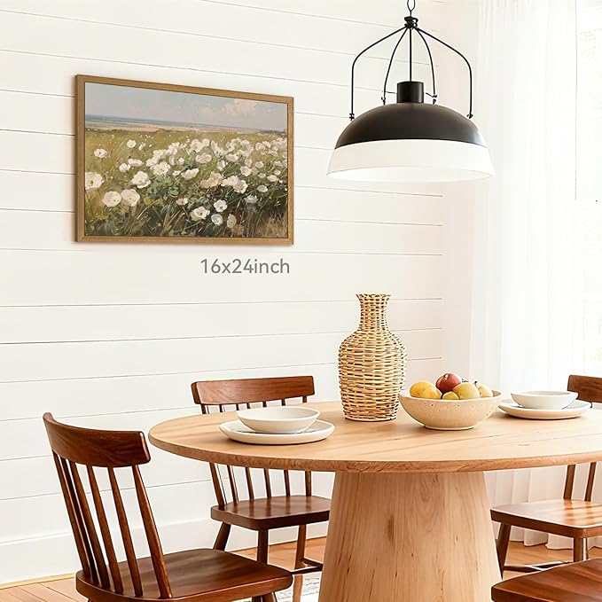 CAZLOUC Vintage Coastal Wall Art, White Wildflower Wall Decor, Rustic Farmhouse Landscape Canvas Painting, Nature Seaside Floral Poster Print for Bedroom Living Room Office Wood Framed 16x24 Inch
