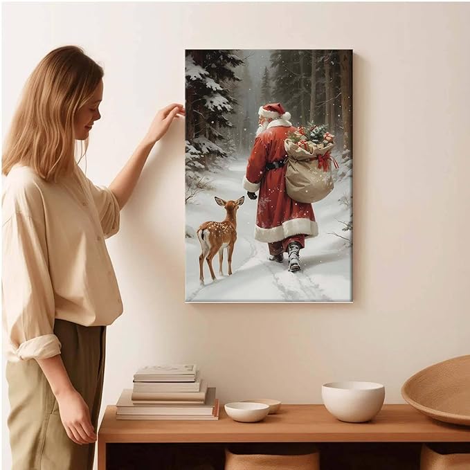 Framed Canvas Wall Art Vintage Santa Claus Print Christmas Wall Art Reindeer Painting Christmas Holiday Decor Winter Forest Painting 16x24in Wood Framed