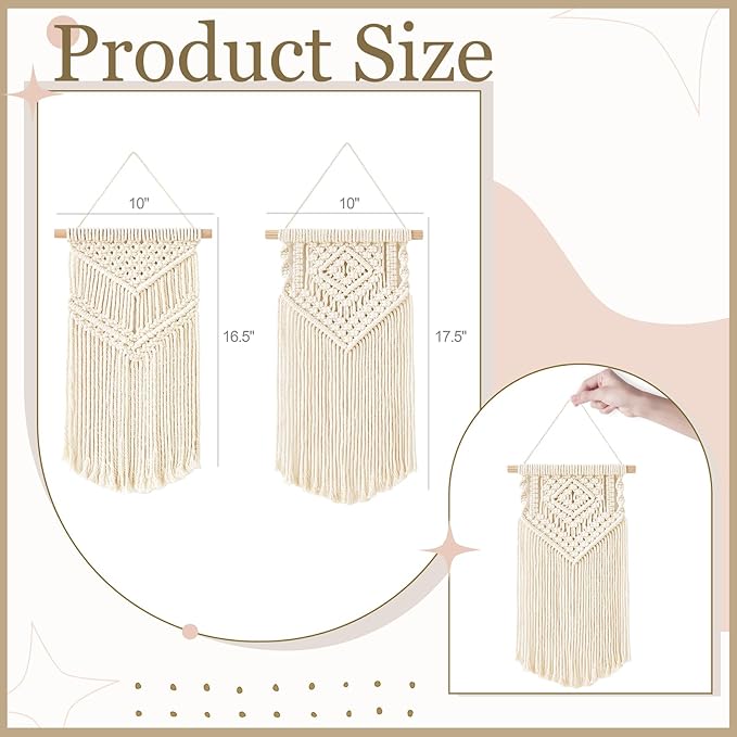 Dahey Small Macrame Wall Hanging 2 Pcs Woven Tapestry Wall Art Decor - Beautiful for Boho Home Dorm College Classroom Decor, Apartment, Nursery, Party Decorations, 16.5" L x 10" W and 17.5"x 10"W