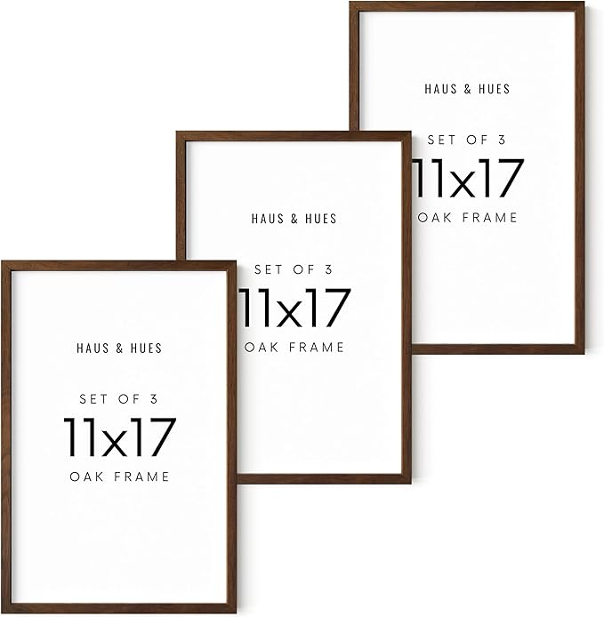 HAUS AND HUES 11x17 Walnut Oak Frame Set of 3 - Wooden Poster Holders, Rustic Gallery Wall Display
