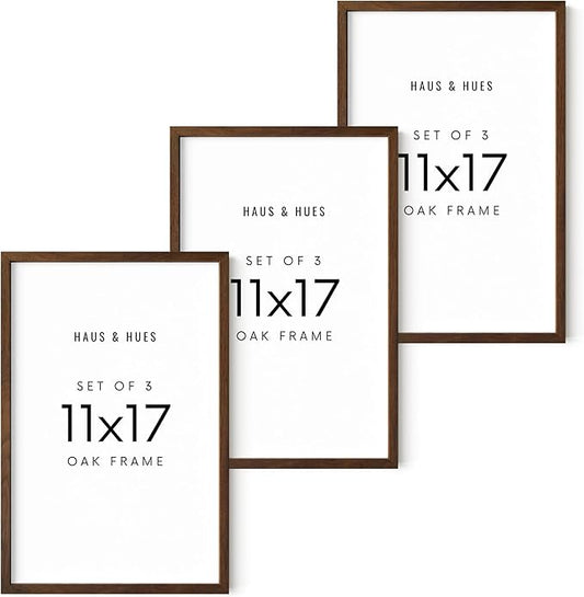 HAUS AND HUES 11x17 Walnut Oak Frame Set of 3 - Wooden Poster Holders, Rustic Gallery Wall Display