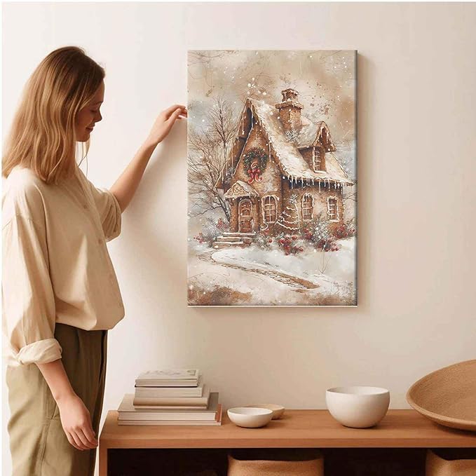 Framed Canvas Wall Art Home decor Winter Gingerbread House Traditional Christmas Print Festive Artwork Wall Decor canvas print poster 20x30in Wood Framed