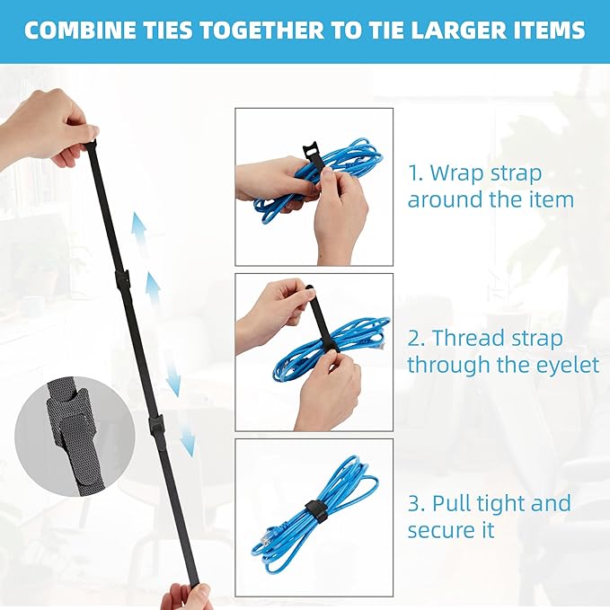 12 Inch Black Cable Ties 50 PCS Reusable Fastening Cable Straps Adjustable Hook & Loop Organizer Straps Cords Management for Home, Office and Data Centers
