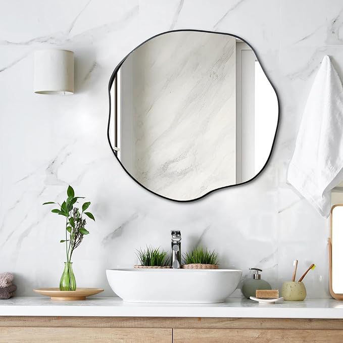 POZINO Irregular Mirror, 20" Asymmetrical Wall Mirrors, Scalloped Rounded Mirror, Modern Frameless Abstract Mirrors for Living Room Bedroom Bathroom Entryway Hallway Fireplace