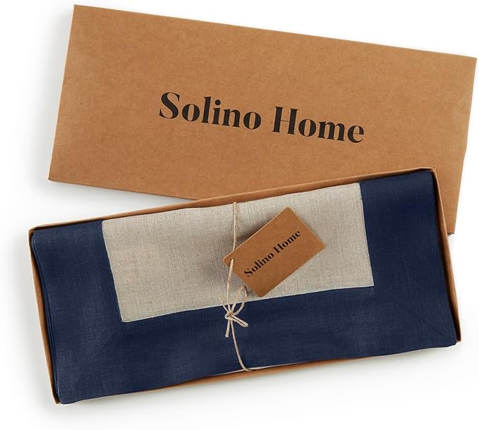 Solino Home Linen Table Runner 108 Inches Long - Navy and Natural 100% Pure Linen 14 x 108 Inch Table Runner for Dining, Winter - Contempo