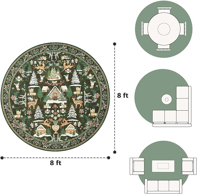 jinchan Round Christmas Rug for Dining Room 8ft Green Circle Holiday for Living Room Printed Christmas Tree and Cabin Rug 8' Soft Indoor Carpet for Bedroom Washable Non-Slip Winter Xmas Decor