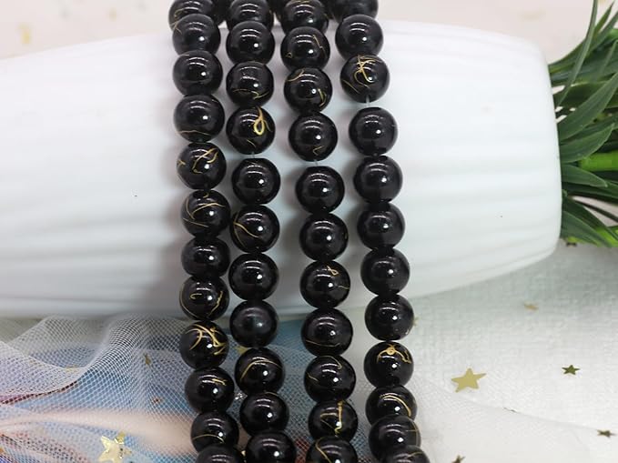 Pamir Tong 300PCS 10mm Black & Gold Round Glass Beads Bracelet Space Loose Smooth Beads for Jewelry Making, Earring, Necklaces, Keychains, Lanyards & Adult Crafting