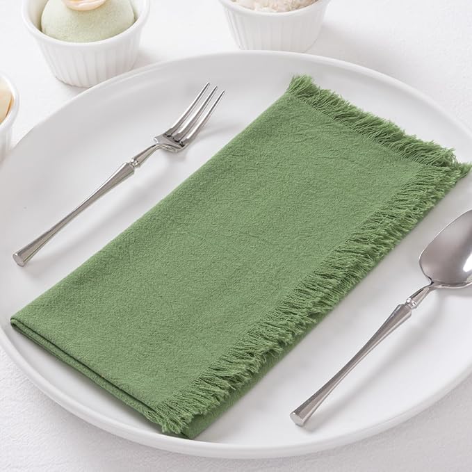 6 Pack Sage Green Cotton Linen Napkins with Fringe Spring Cloth Napkins Set of 6 Boho Handmade Dinner Napkins Bulk for Wedding Bridal Baby Shower Valentine's Day, 17 x 17 Inches