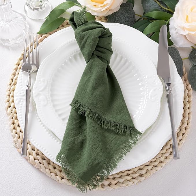 6 Pack Olive Green Cotton Linen Napkins with Fringe Green Cloth Napkins Set of 6 Boho Handmade Dinner Table Napkins for Wedding Bridal Baby Shower Tea Party, 17 x 17 Inches