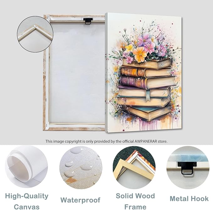 AWPANERAR Books Canvas Wall Art Moody Floral Picture Prints Flower and Books Painting Aesthetic Poster Watercolor Moody Artwork Library Study Decor Framed (36L x 24W)