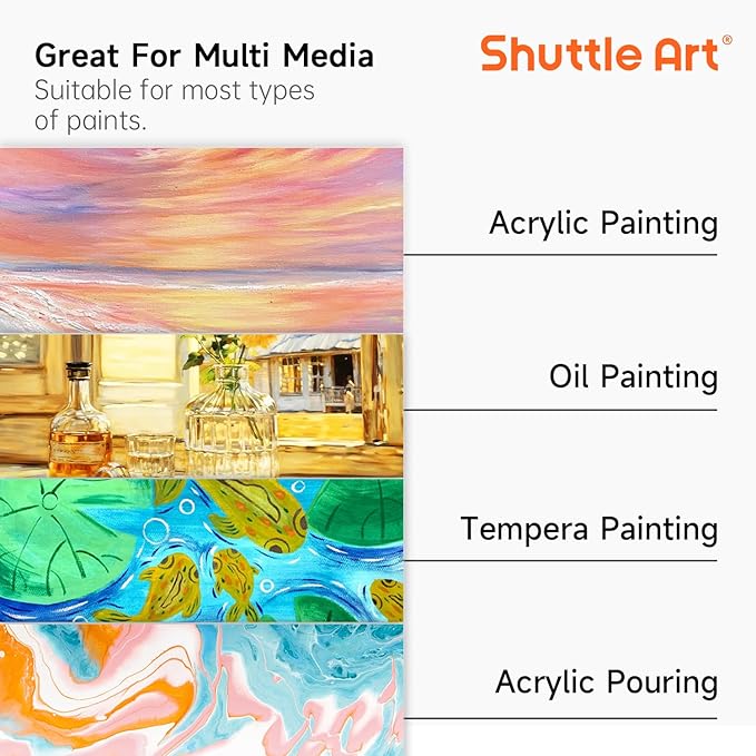 Shuttle Art Stretched Canvas, 15 Multi Pack, 4x4, 5 x 7, 8 x 10, 9x12, 11 x 14 Inches (3 of Each), 100% Cotton, Primed White Painting Canvas, Art Canvases for Acrylic, Oil, Acrylic Pouring Painting