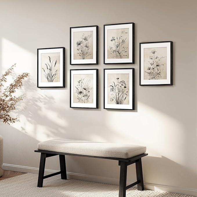 Framed Boho Vintage Botanical Wall Art, Set of 6 Black and White Floral Canvas Painting Prints with Mat for Farmhouse Living Room, Neutral Rustic Flower Artwork for Kitchen Bedroom Home Decor, 11x14