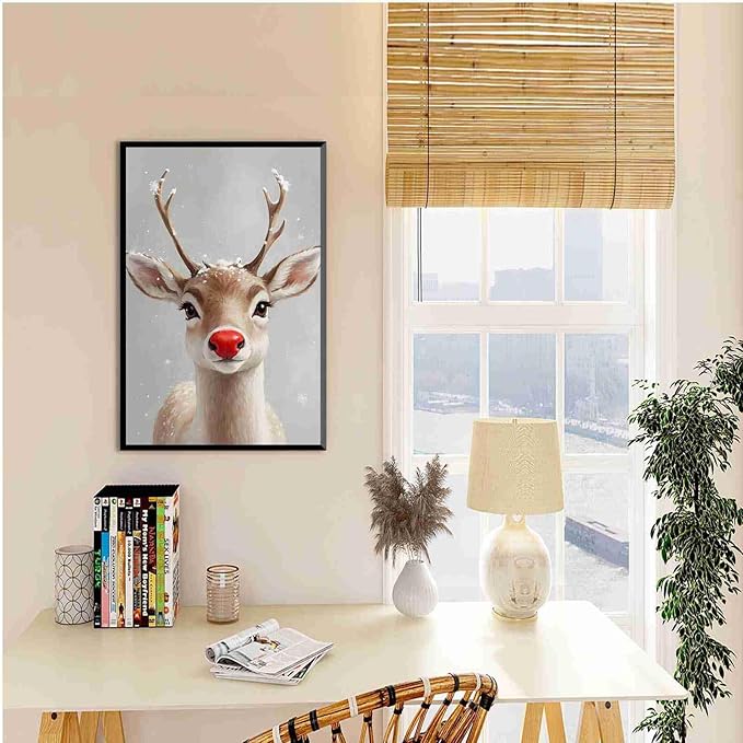Framed Canvas Wall Art Red Nosed Reindeer Christmas Farmhouse Mantle Canvas Wall Art Print Farmhouse Christmas Poster 20x30in Metal blackFramed