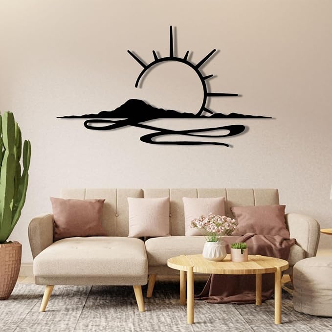 Metal Wall Art Sunrise, Metal Wall Art Sunset, Minimalist Line Art, Sunrise Or Sunset Decor For Living Room, Bedroom, Outdoor, Housewarming Gift (Black, 53 x 30 inches / 135 x 77 cm, metal wall art)