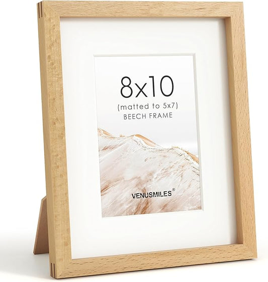 8x10 Picture Frame, USA-Sourced Natural Beech Wood Photo Collage Frame with HD Tempered Glass, Modern Simple 8 x 10 Wooden Frame Matted to 5x7, Gallery Wall Frames for Art, Wall or Tabletop Display