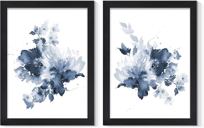 JOWOROLO Framed Blue Flower Wall Art Modern Abstract Floral Painting Wall Decor Watercolor Flowers Poster on Canvas Prints 2 Panels Botanical Artwork for Bedroom Bathroom Living Room 12x16inch