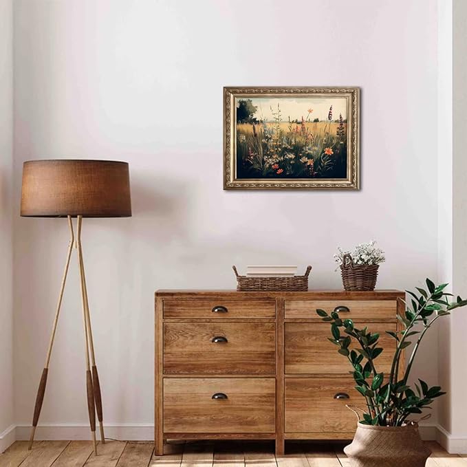 Vintage Wall Art, Classical Wildflower Field Wall Painting Canvas Prints Farmhouse Wall Art French Country Wall Decor Vintage Landscape Art Pictures for Bathroom Kitchen Decor(8" x 10"-UNFRAMED)