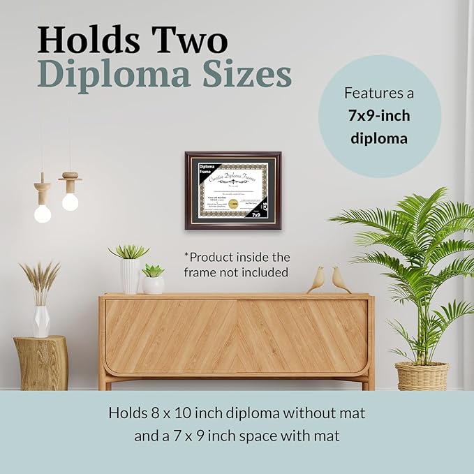 Creative Picture Frames 7x9 Mahogany Gold Rim Diploma Frame with Black Mat Glass Easel and Installed Wall Hangers | Frame Holds 8x10 Media without Mat