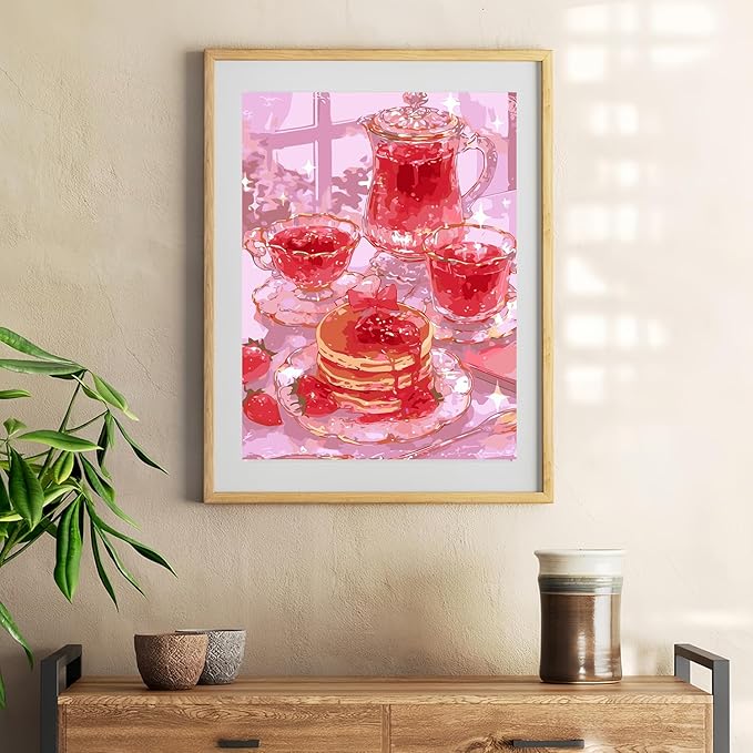 Mosaflare Paint by Numbers for Adults Beginner, Pink Cake Tea Adult Paint by Number Kits on Canvas, DIY Acrylic Oil Easy Painting by Numbers for Home Wall Decor 12X16 inch (Without Frame)