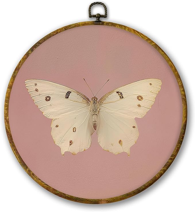 Mcehtle Vintage Butterfly Pink Wall Art Decor, Retro Cottagecore Butterfly Farmhouse Framed Canvas Prints 10x10, Neutral Moody Round Wall Hanging Artwork Decorations for Girls Bedroom Living Room