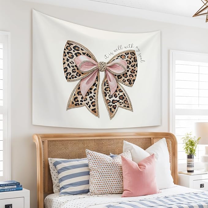 STHTTSW Christian Leopard Bow Tapestry Aesthetic, It Is Well With My Soul Tapestries Wall Blanket, Girly Religious Wall Hanging Decor for Girl College Dorm Apartment Bedroom Church, 50x60 Inch
