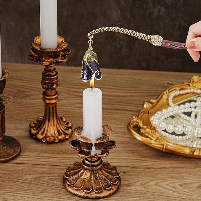 Candle Snuffer Extinguisher with Diamond Decoration Long Handle, Alloy Wick Flame Candle Put Out Tool Safely, Gift for Candle Lovers (Blue Purple)