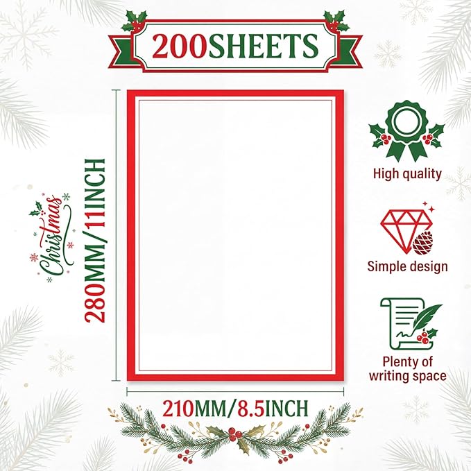 Glenmal 200 Pcs Christmas Stationery Printer Paper 8.5 x 11'' Red Border Letterhead Bulk Letter Size Holiday Writing Paper Letterhead for Xmas New Year Greeting Cards Invitations Business Printing