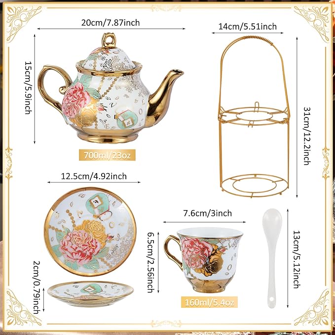 Zhehao 20 Pcs Porcelain Tea Set with Metal Holder and Spoon Adult Ceramic Tea Set European Flower Painting Teapot Cup Saucer Spoon for Women, Large Version(Bright Style)