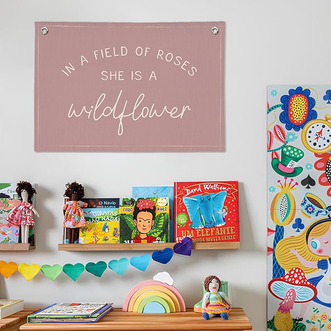 Wildflower Nursery Decor, Girls Room Decor - In a Field Full of Roses She Is a Wildflower Pink Linen Banner Flag for Little Girl Baby Girl