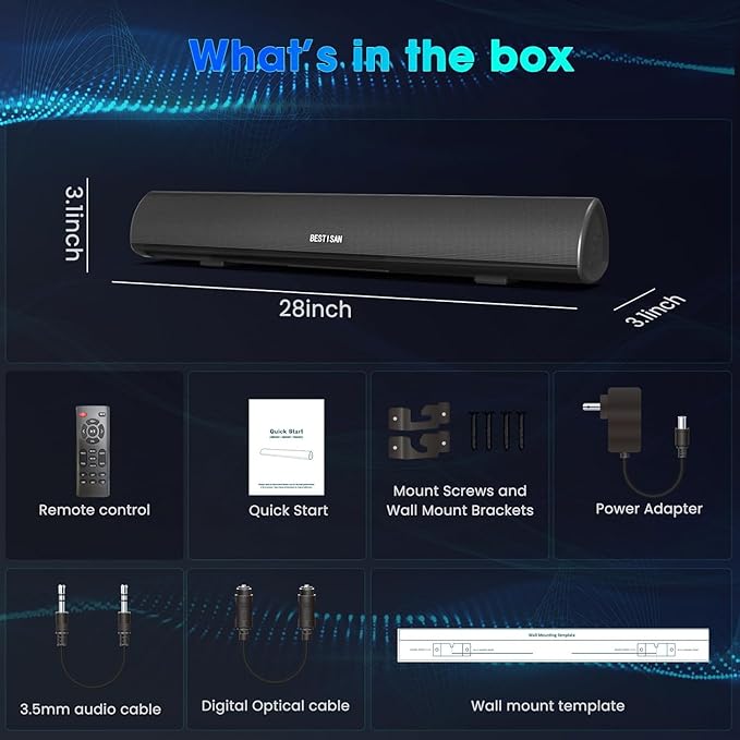 BESTISAN Soundbar, TV Sound Bar with Wired HDMI and Wireless Bluetooth 5.0 Home Theater System (28 Inch, Enhanced Bass Technology, 3-Inch Drivers, Bass Adjustable, Wall Mountable, DSP)
