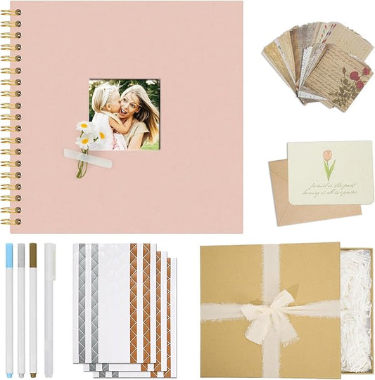 Vienrose 10 x 10 Inch Scrapbook Album Gift Set, Linen Hardcover Photo Book with 40 White Pages, DIY Memory Book Kit with Accessories for Wedding, Baby Shower, Travel, Christmas (Pink, 20 Sheets)