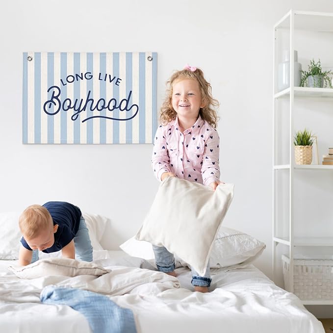 Long Live Boyhood Blue Striped Boys Room Decor - Linen Banner Wall Hanging Canvas Banner Flag Decor for Toddler Boy Bedroom Nursery Playroom