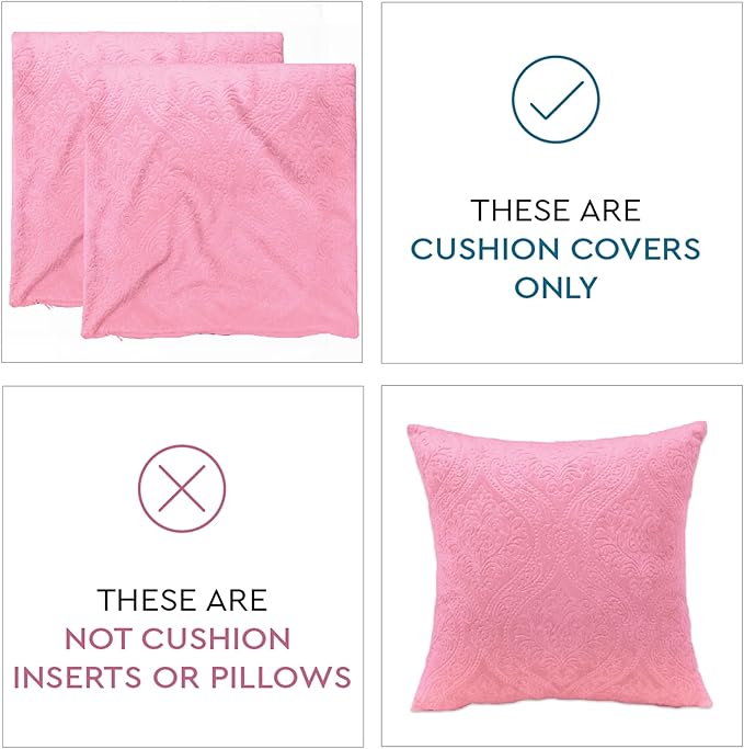 Encasa XO Luxury Embossed Velvet Cushion Covers - Plush Throw Pillow Covers for Elegant Living Rooms & Bedrooms, Machine Washable, 18x18 Pink | Set of 2 | Covers Only No Insert.