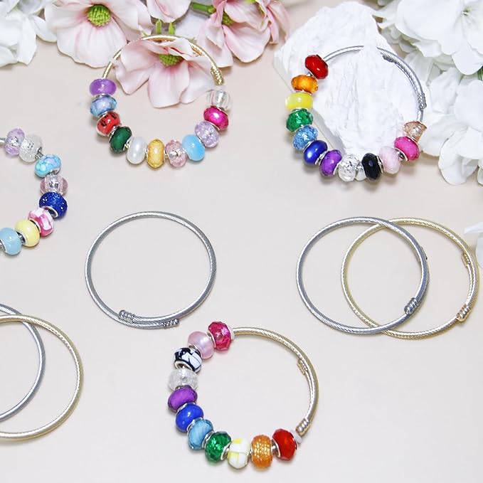 Exway 10 Pcs Elastic Charm Bracelet Chain Stainless Steel Cable Wire Twisted Cuff Bangle Bracelet Gold and Sliver Charm Bracelets Kit for Crafts DIY Women Jewelry Making